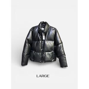 NWT The Drop Women's Vegan Leather Puffer Jacket Black Size L Cropped Zip Up